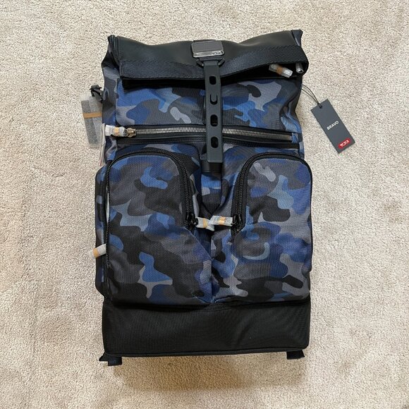 NEW RARE TUMI Alpha Bravo London RollTop Backpack Gray Blue Camo Camouflage $450